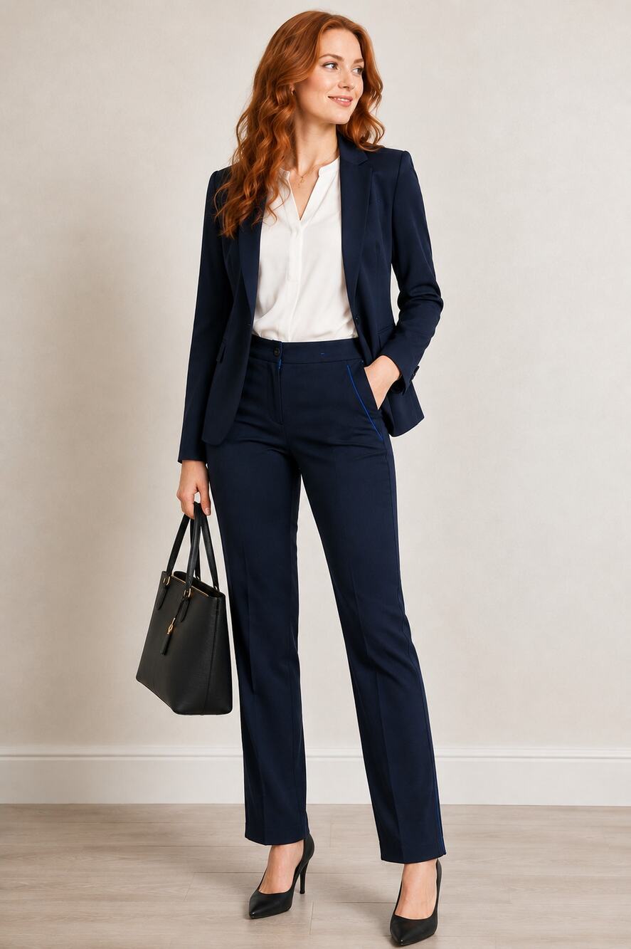 F202  Plaid and Plain Navy Skinny Dress Pants Blue Trim 27x30 Stretch